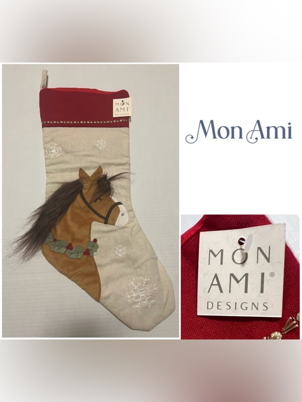 🆕MON AMI DESIGNS - NWT - HORSE AND HOLLY EMBROIDERED CHRISTMAS STOCKING